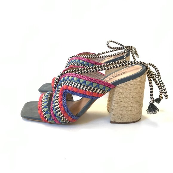 Anthropologie Ferracci Lace Up Kilim Sandals Womens 39 9 Pink Blue Block Heels - Picture 7 of 11